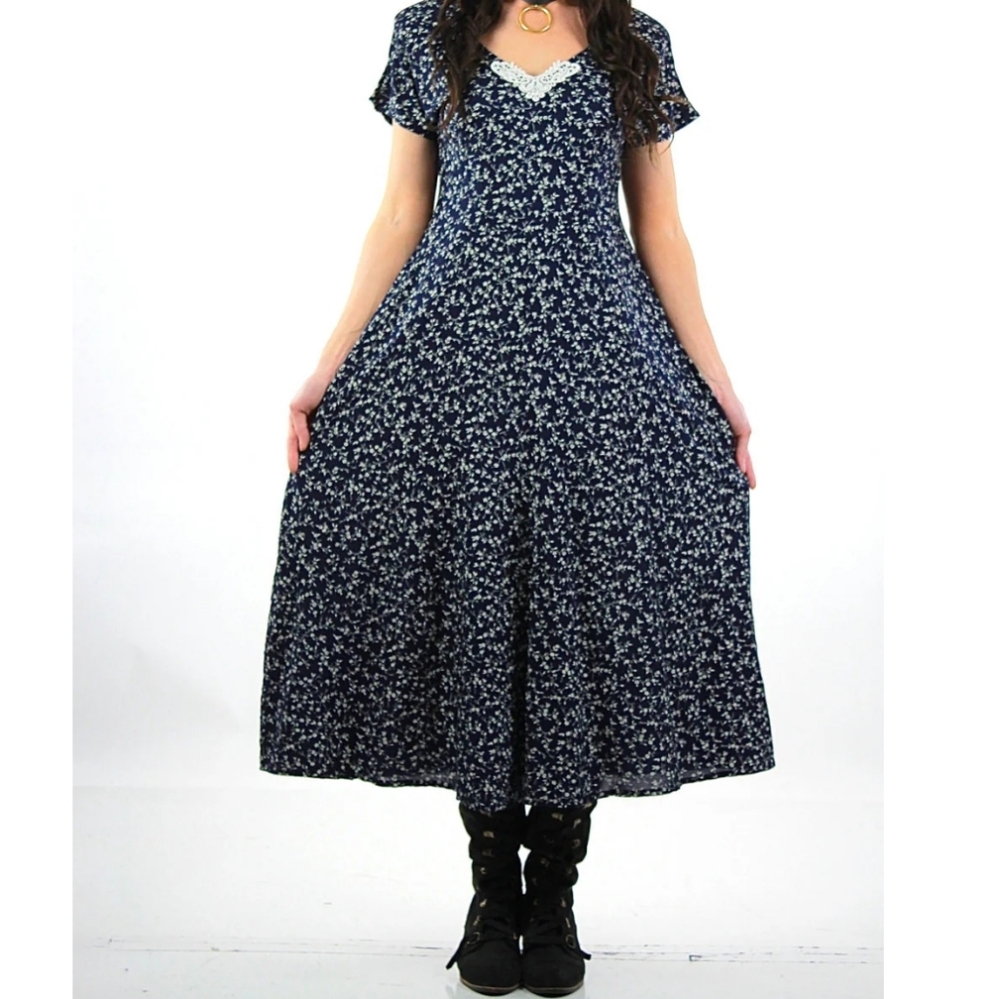 VINTAGE FLORAL  90'S DITSY BOHO  SHORT SLEEVE SCOOP NECK  MIDI/MAXI DRESS - Picture 15 of 15
